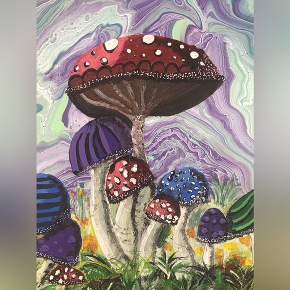 Colourful Patch of Mushrooms on an 8”x10” Painted Stretched Canvas w/ Acrylics. - Picture 2 of 6
